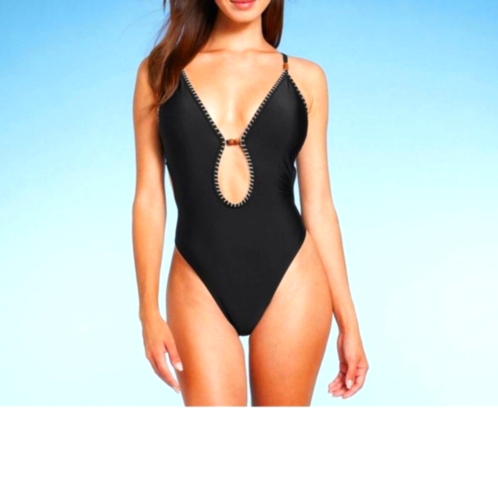 Shade & Shore Black One Piece Swimsuit Plunging Neckline